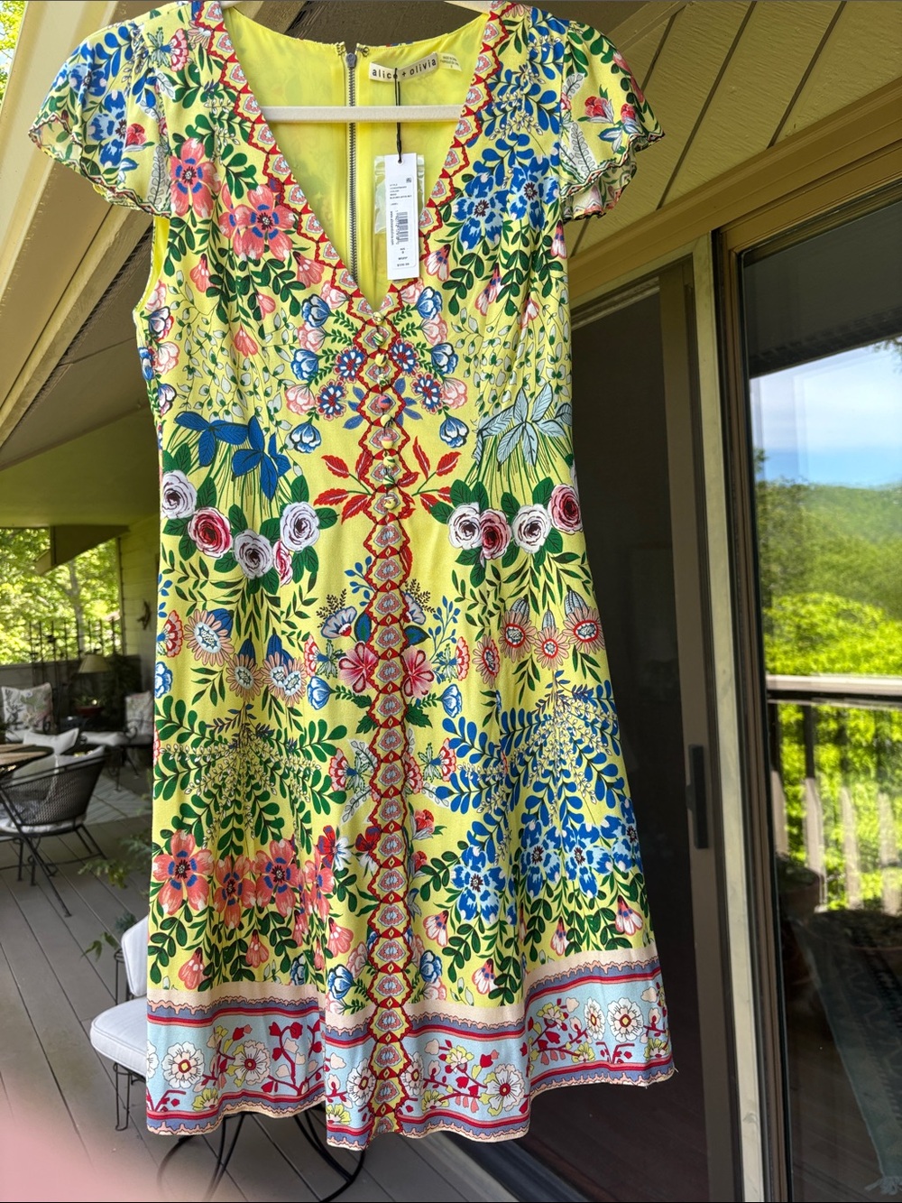 Alice + Olivia Hadley Yellow Floral V-Neck Mini Dress BNWT